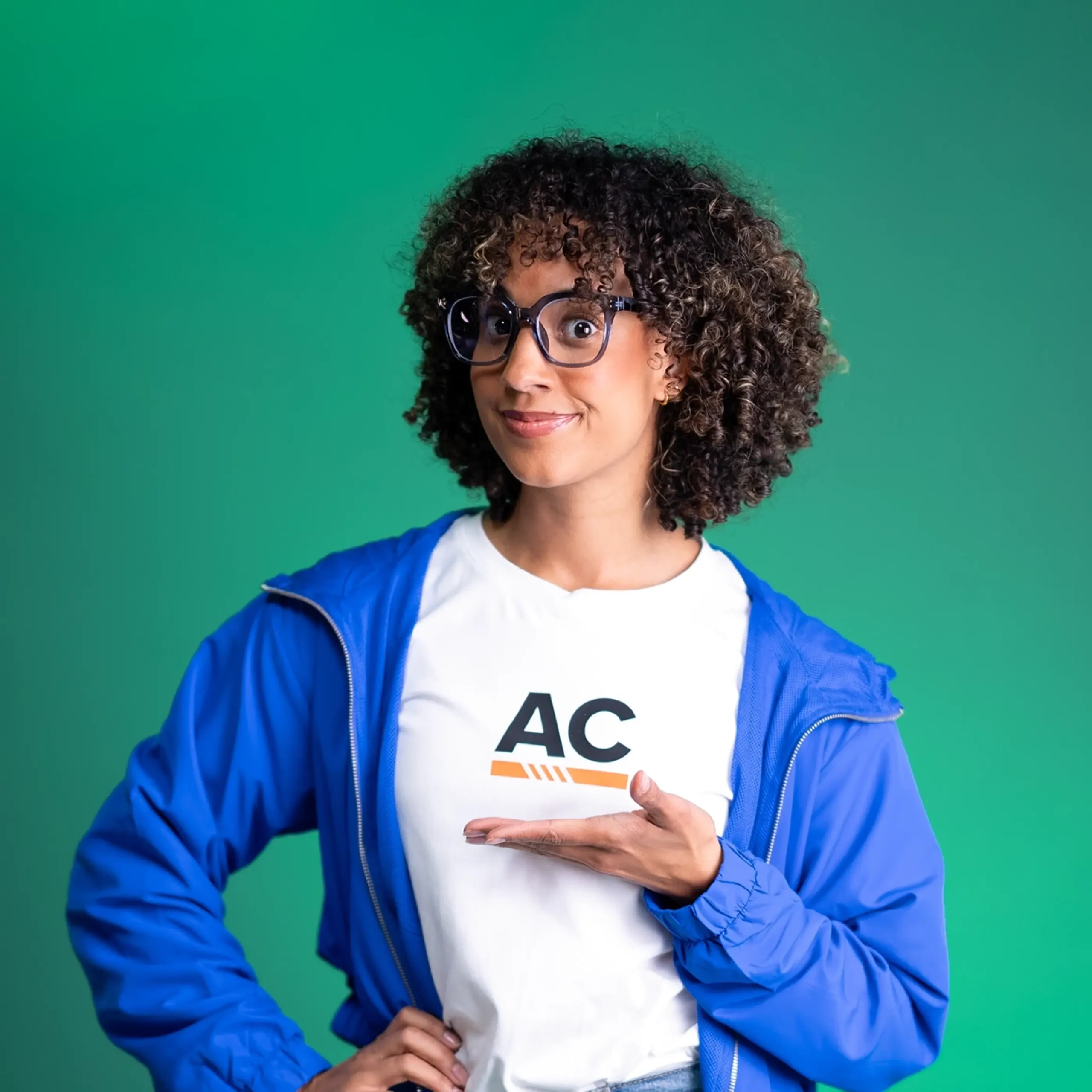 Woman wearing a shirt labeled air conditioner.