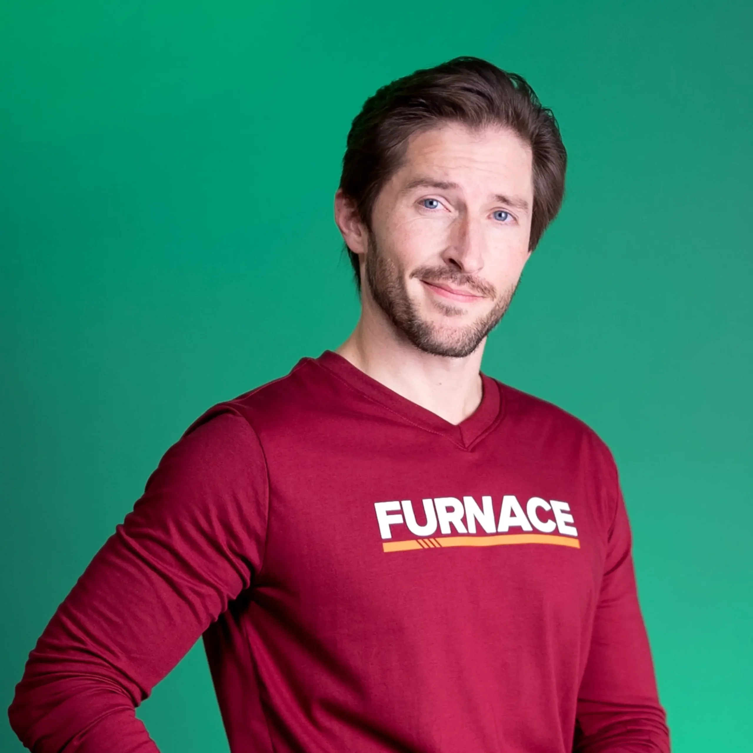 Man wearing a shirt labeled furnace.