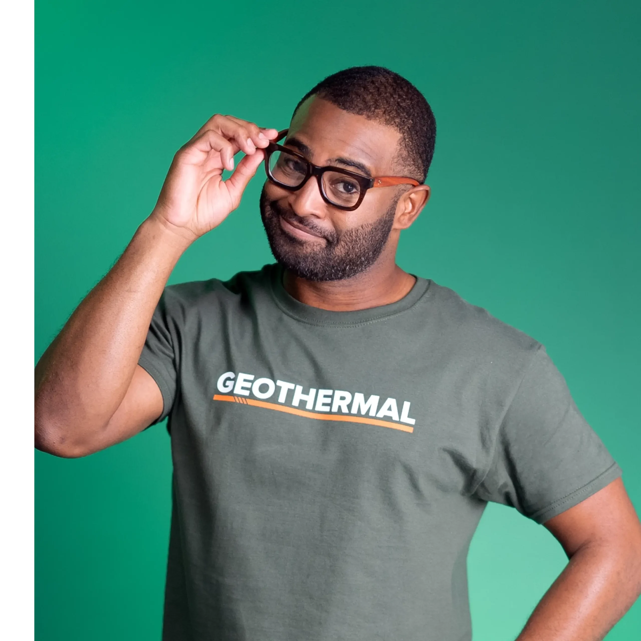 Man wearing a shirt labeled geothermal.